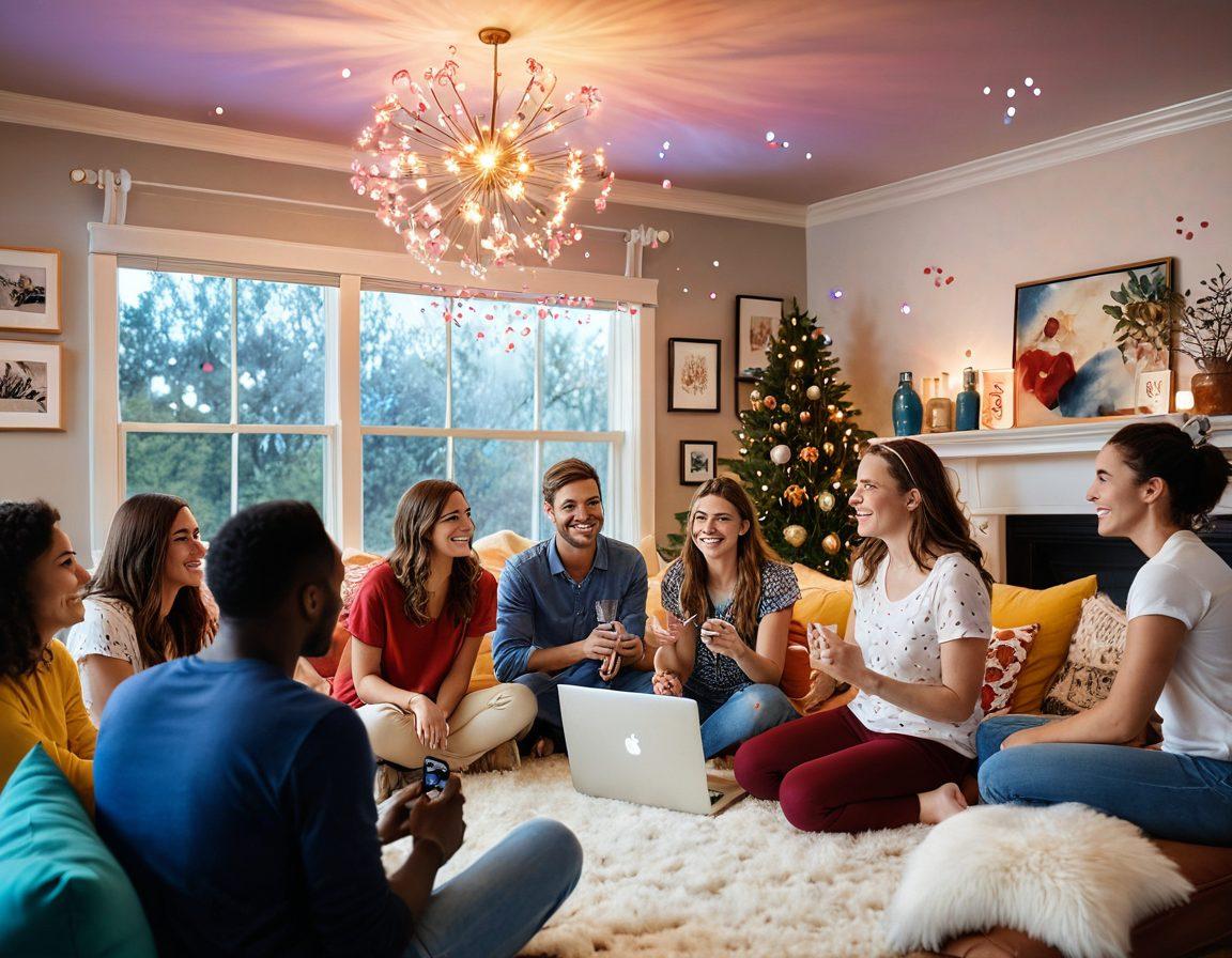 A vibrant scene showcasing a diverse group of people joyfully interacting through webcams, with sparkling lights and colorful chat bubbles swirling around them. Highlight Jess in the center, exuding charm and warmth, surrounded by whimsical elements representing the magic of live connections like hearts and stars. The background features a cozy, inviting room filled with technology and warmth, illustrating the essence of community and engagement. super-realistic. vibrant colors. cheerful atmosphere.
