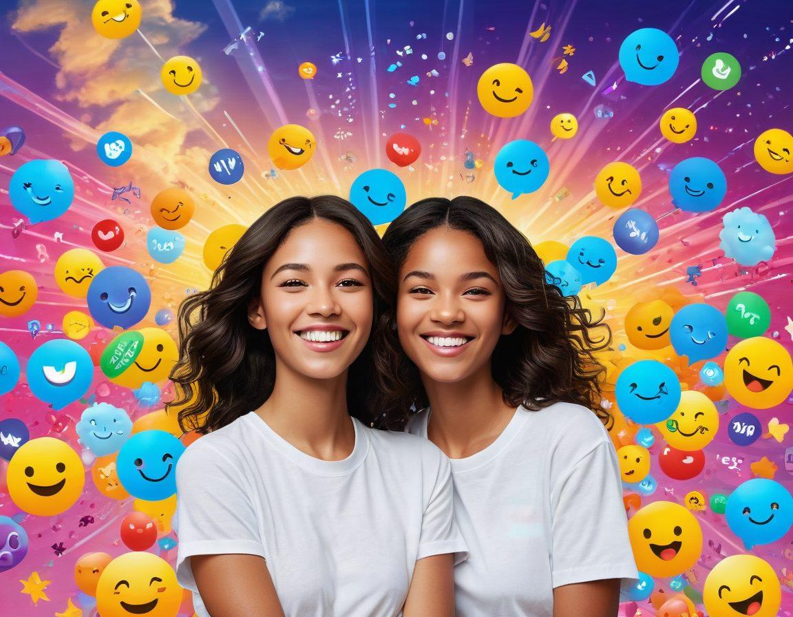 A lively and colorful digital scene featuring a vibrant virtual landscape with glowing screens showcasing Jess's cheerful avatar, surrounded by streaming icons, bright emojis, and uplifting quotes. The atmosphere is filled with joy and positivity, with rays of sunshine breaking through a soft cloud backdrop. Capture the essence of happiness and connection in a modern, engaging style. super-realistic. vibrant colors. 3D.