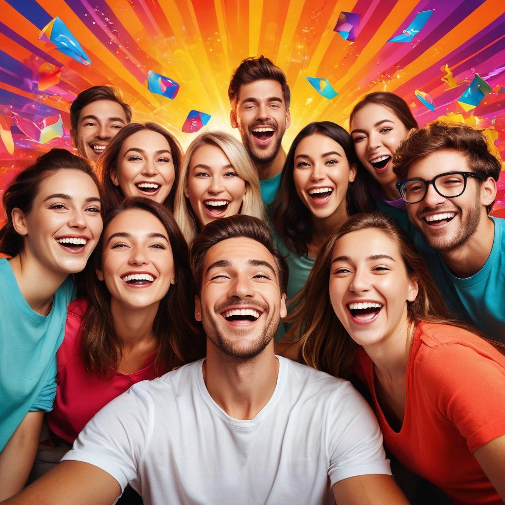 A lively scene depicting diverse people engaged in webcam interactions, laughing and sharing joyful moments. The backdrop features colorful digital elements and playful graphics symbolizing the joy of online connections. Include warm lighting that enhances a sense of positivity and community. The expressions should reflect excitement and happiness, evoking a sense of togetherness. vibrant colors. super-realistic.